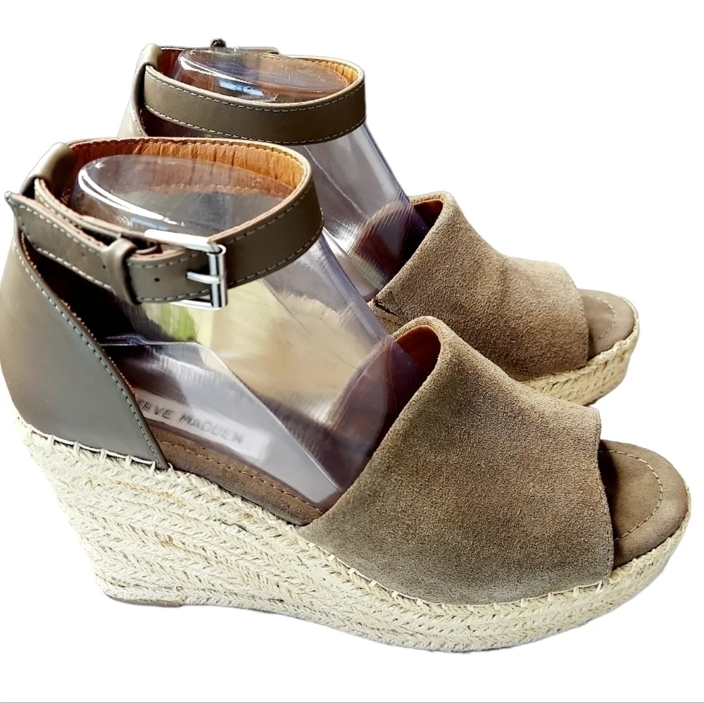 Steve Madden Jaylen Espadrille Suede Leather Wedge Heels Sandals Taupe Size 9